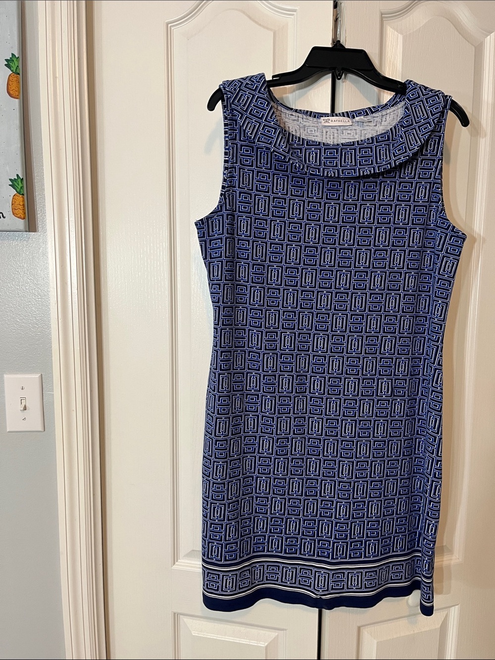 Rafaella Blue White Geometric Shift Dress XL Sleeveless Banded Neckline EUC